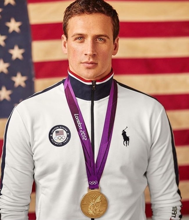 Ryan Lochte, swim medalist, with USA flag background